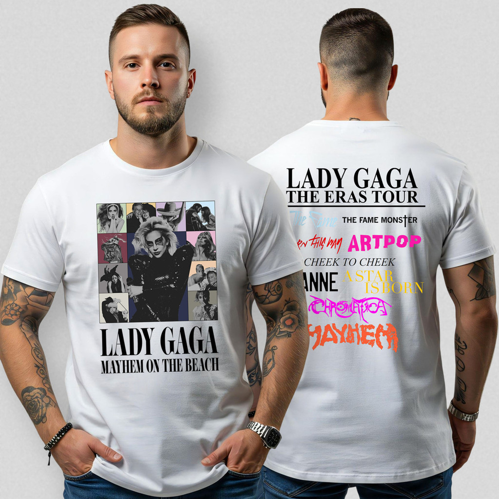 Camiseta Masculina Básica Gola Redonda Lady Gaga Eras Tour 109 Algodão Estampa Casual Pop Look Confortável