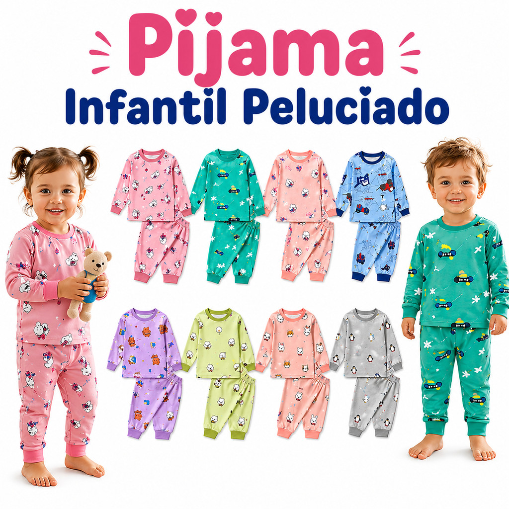 Conjunto Pijama Infantil Peluciado Inverno Manga Longa Estampado Menina ou Menino