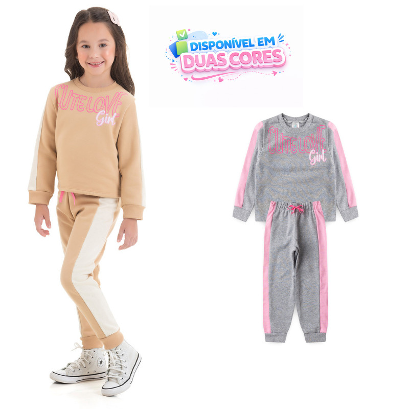 Conjunto Infantil Feminino Inverno Moletom Peluciado Manga Longa Cute Love Girl Caqui Mescla 4 ao 10 Anos