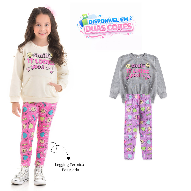 Conjunto Infantil Manga Longa Feminino Inverno Casaco Moletom Peluciado Com Bolso Legging Térmica Peluciada Sublimada