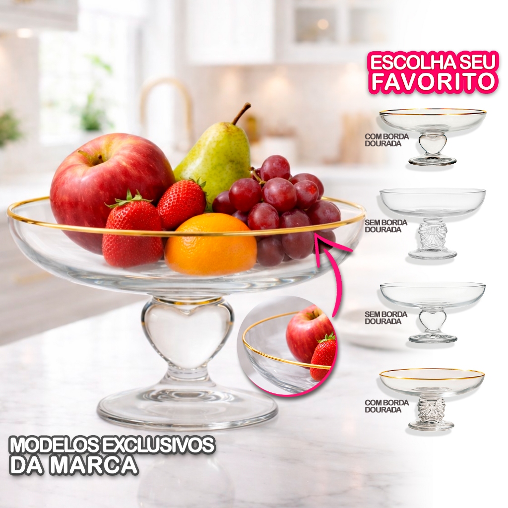 Fruteira Saladeira Centro Mesa Decorativo Vidro Cristalino Pé Ornamental