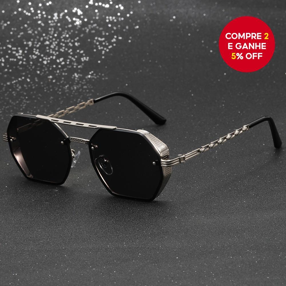 Óculos de sol unisex com corrente metálica geométrica e dupla ponte, tendência fashion.