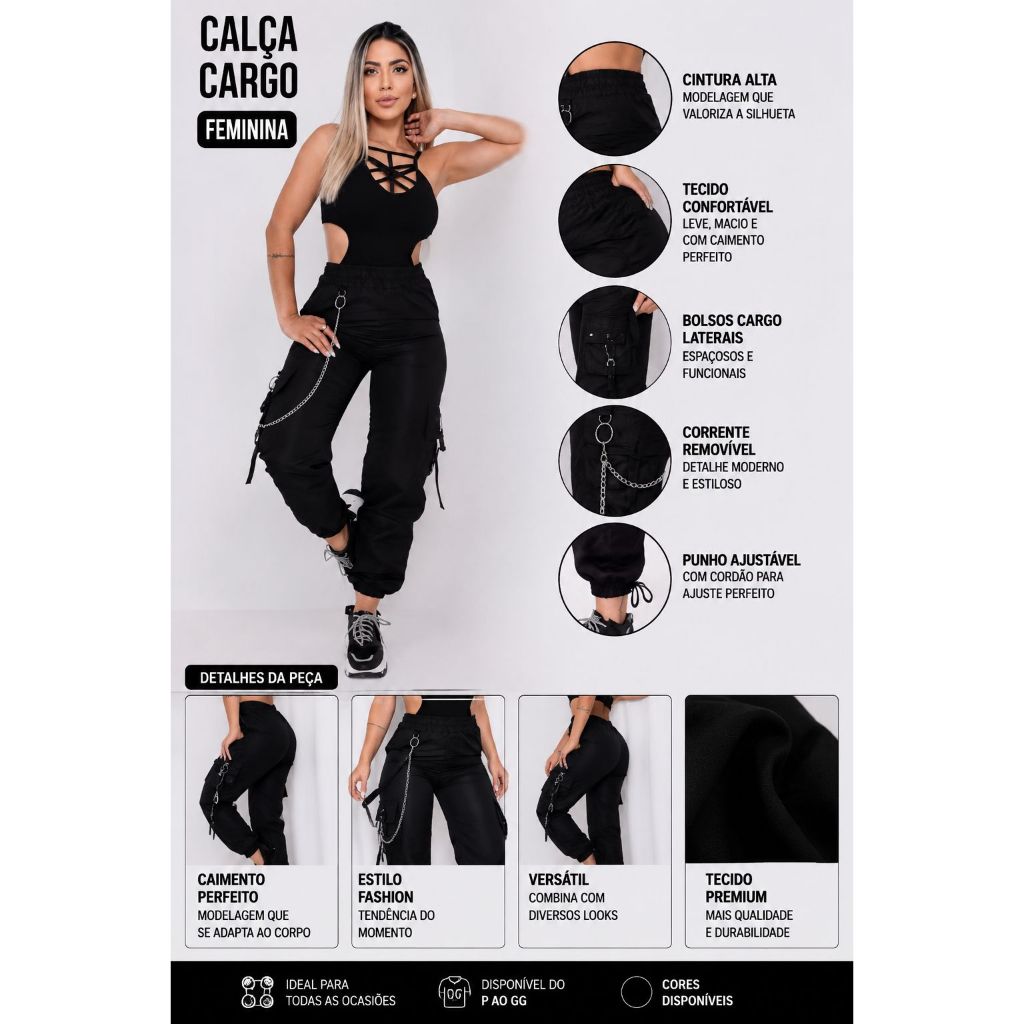 Calça Feminina Jogger Cargo Tactel Preta Moda Casual Esportiva com Bolsos