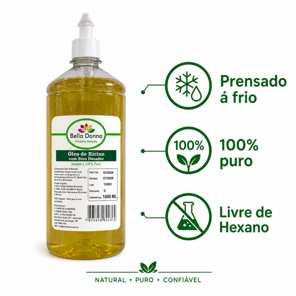 Óleo De Rícino Prensado A Frio 100% Puro 1litro C/aplicador Bella Donna