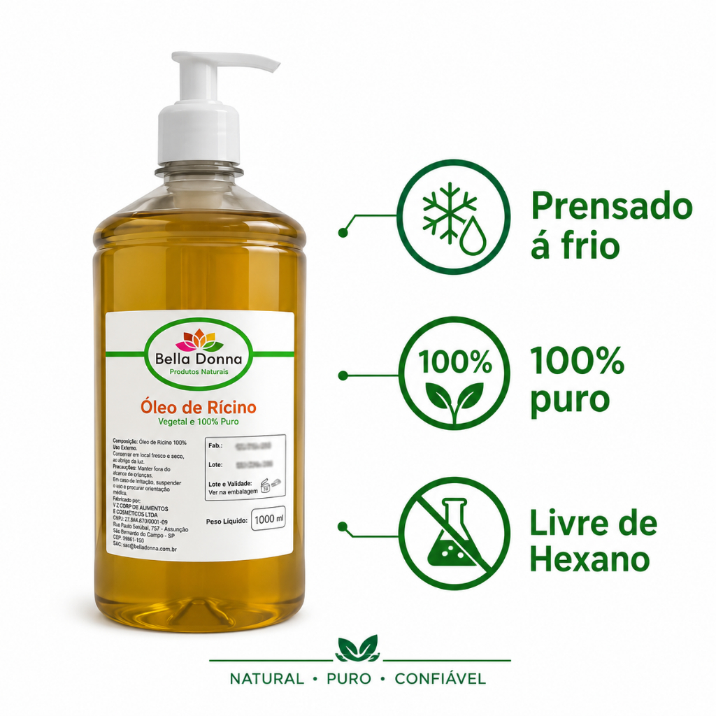 Óleo Vegetal Mamona Rícino Prensado Frio Extra Virgem 1litro Bella Donna