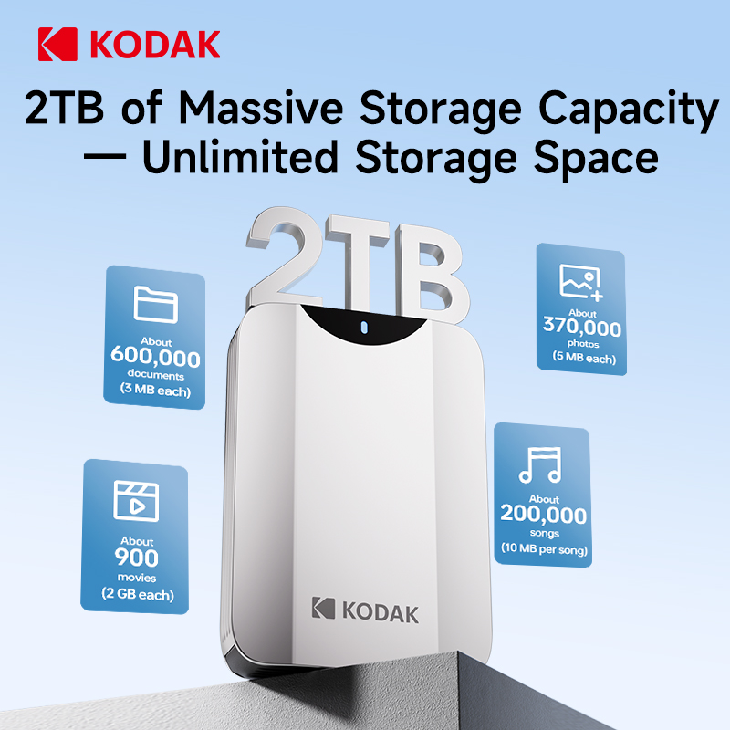 Disco Rígido Portátil Kodak P232 1TB/2TB: USB-A 5Gbps Plug-and-Play, Backup com Um Clique para Roteador/Laptop/TV/PS4 –
