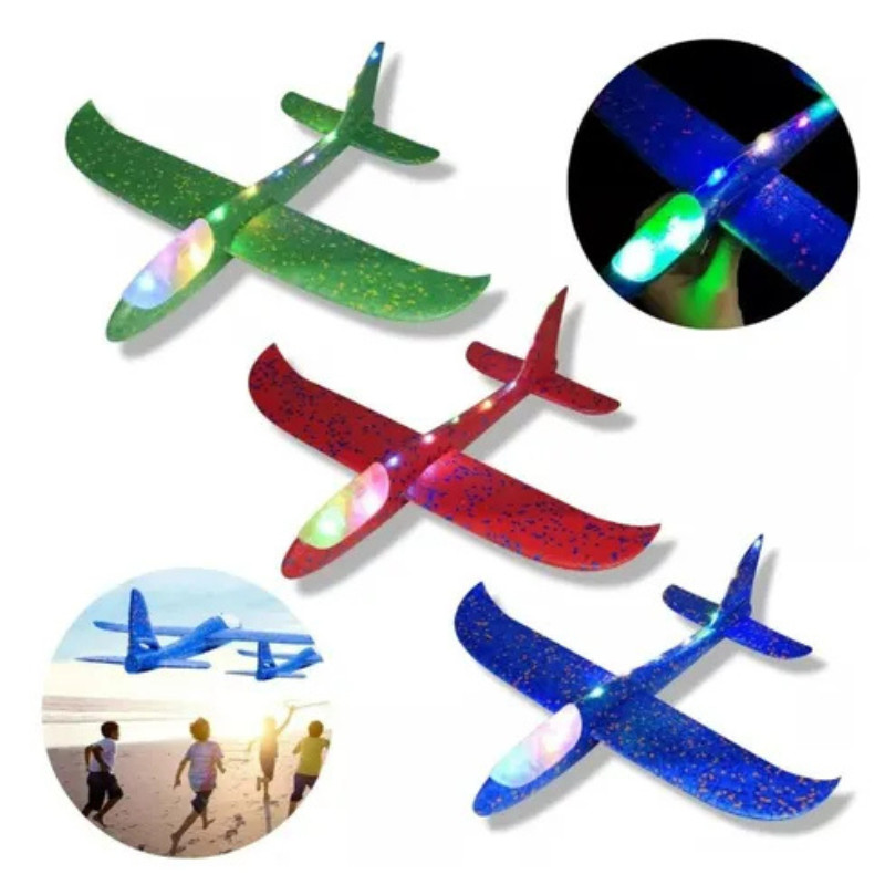 Kit 2 Aviões Planador de Isopor Flexível com Led Diversão Criança Voa Alto Lançamento Ao Ar Livre Brinquedos