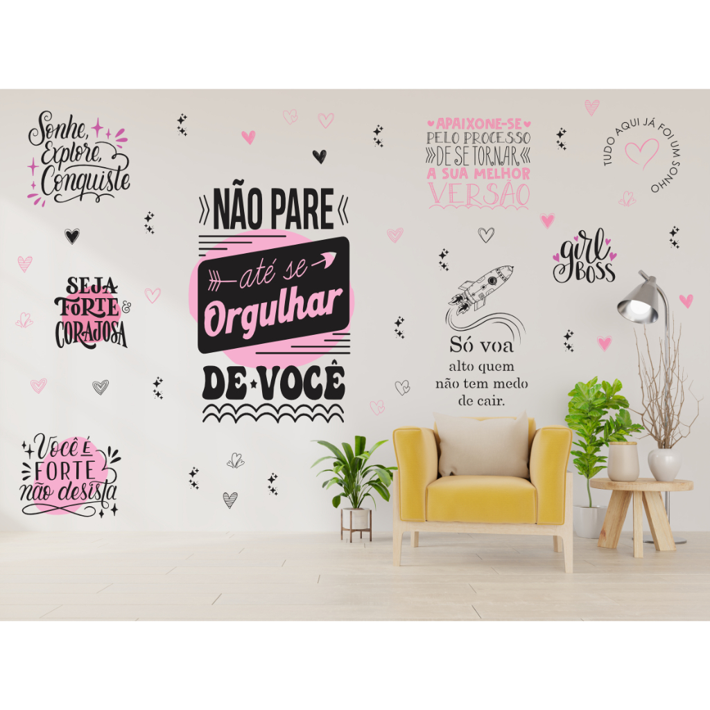 Adesivo de Parede Decorativo com Frase Voa Alto Sonhos Boho Chic + Brinde Corações e Estrelas