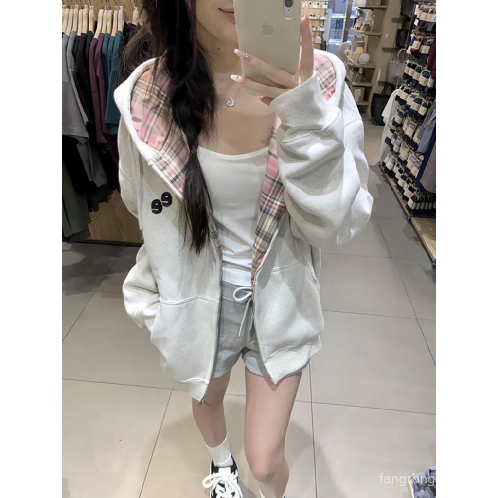 Nacional Street Wear americano Retro xadrez costura moletom com capuz feminino outono inverno forro de lã solto nicho Ca