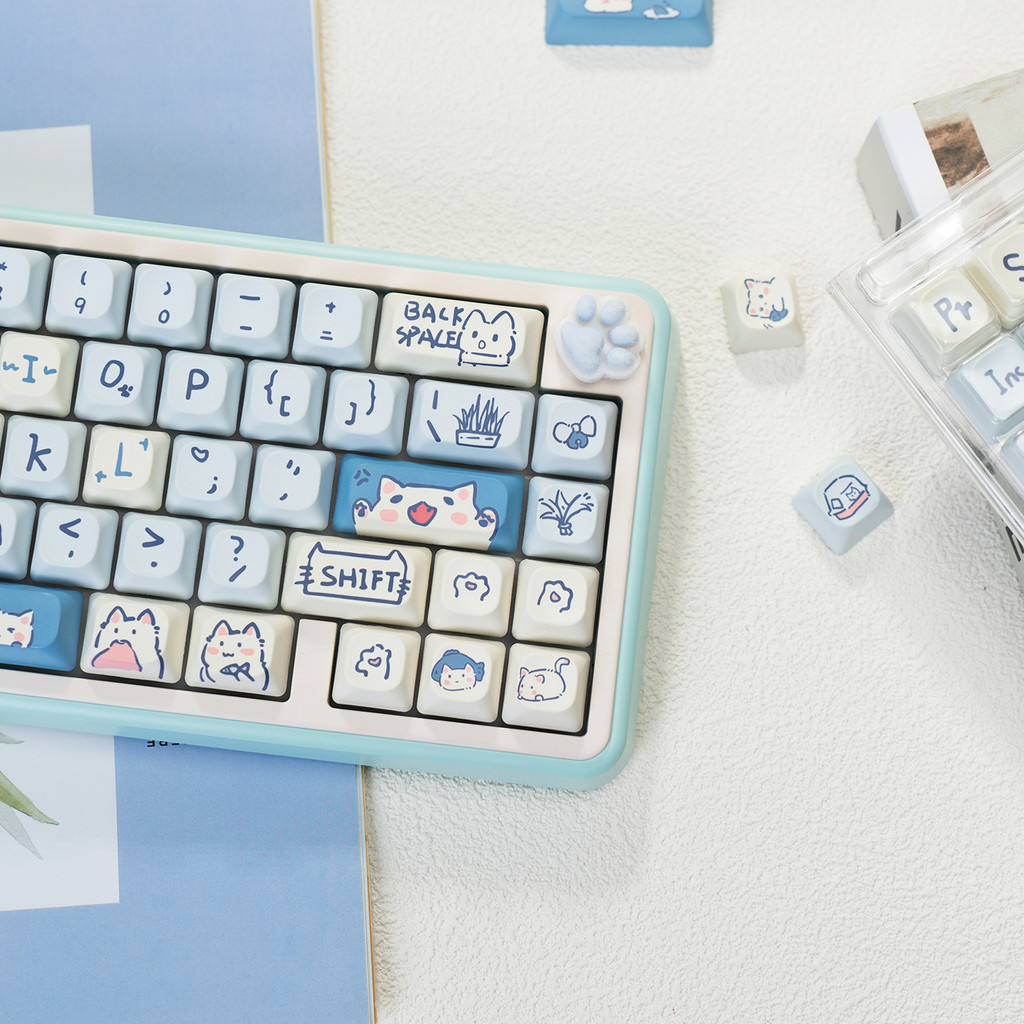 Teclado mecânico azul Meow Keycap classe MOA, teclado mecânico azul fofo adequado para sublimação PBT 68 75 84 87 108