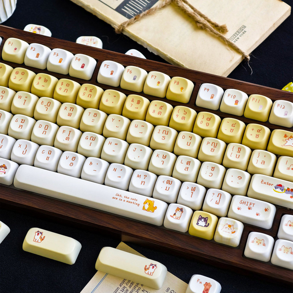 MAIMOOO Cat Family Thai Keycap MOA/Cherry Profile 120 Teclas PBT Sublimação De Tinta Aula F75 RK R75 Gatinho Fofo Amarel