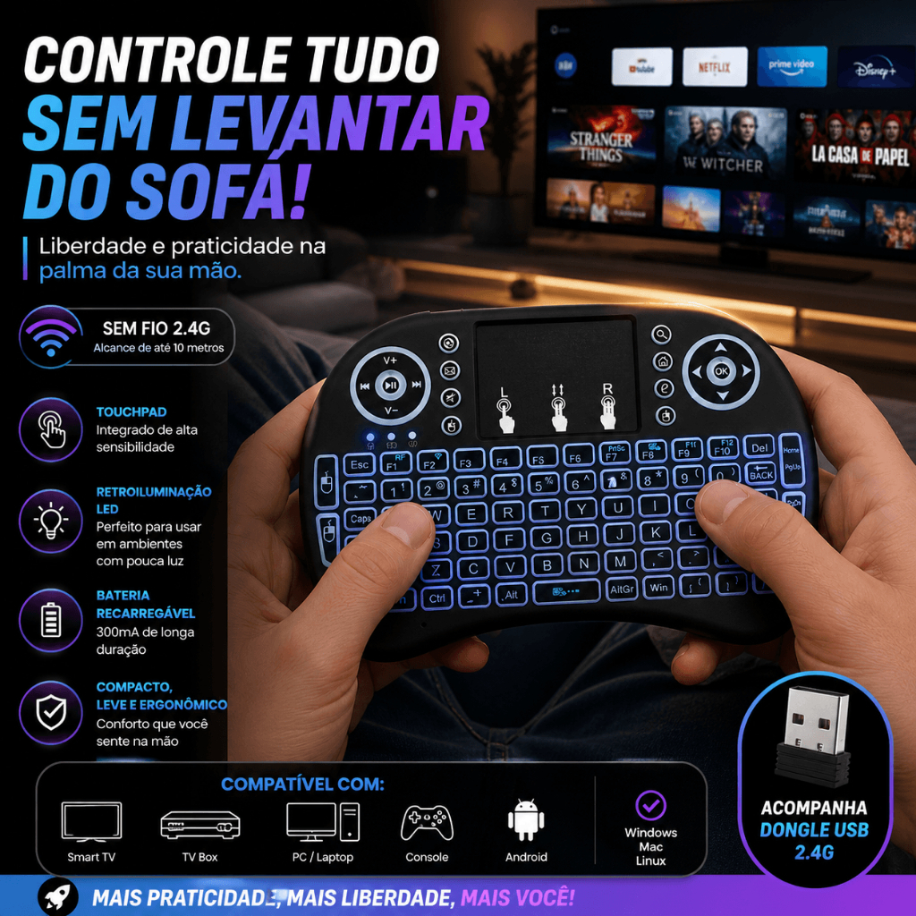 Mini Teclado LED Bluetooth Wireless Receptor USB Smart TV e PC