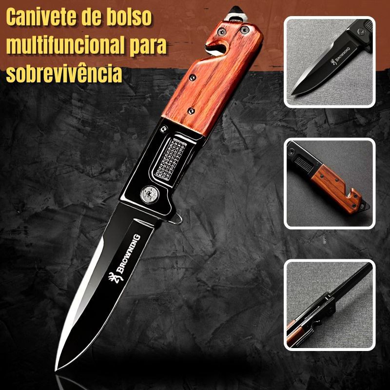 Canivete Tático Estilo Browning Semi Automático 23,5cm C/ Trava De Segurança, Saque Rápido Cabo de Madeira Corta Fio