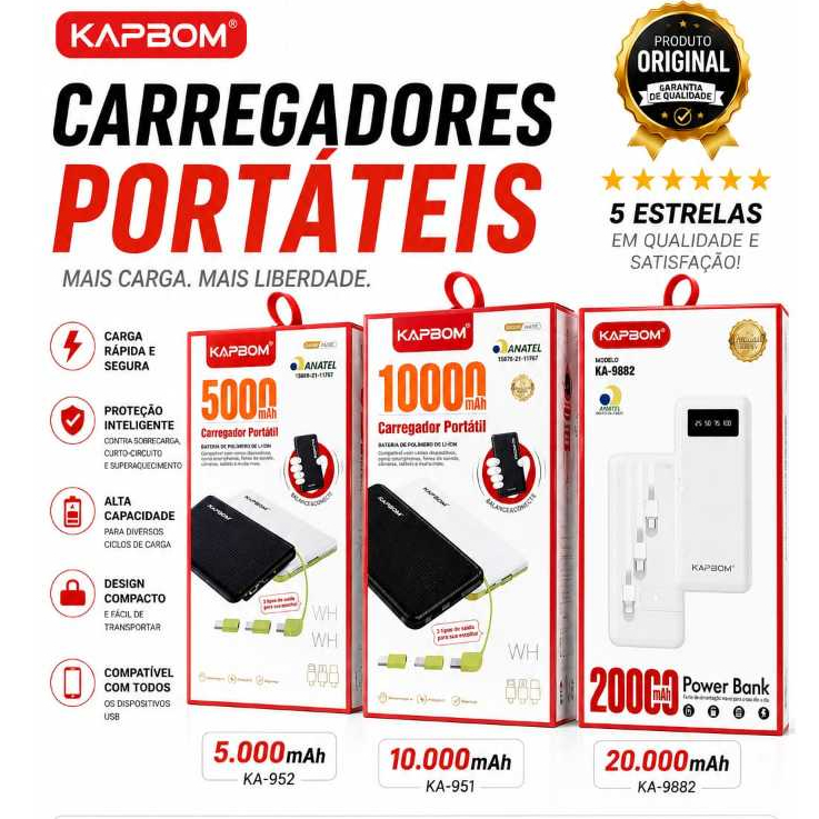 Power Bank KAPBOM 5000mAh 10000mAh Carregador Portátil Original Bateria Externa Premium Homologado