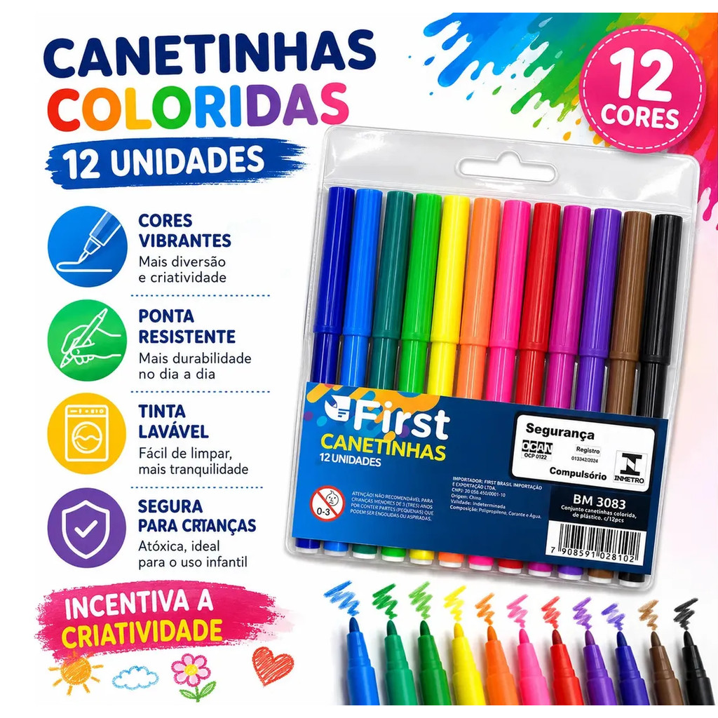 Conjunto De Canetinhas Coloridas Hidrocor Com 12 Unidades Colorido - Tinta a base dagua