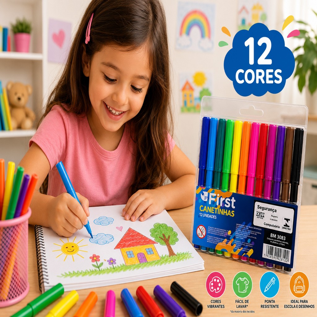 🖍️ Conjunto de Canetinhas Coloridas 12 Cores – Criatividade e Diversão para o Dia a Dia Escolar