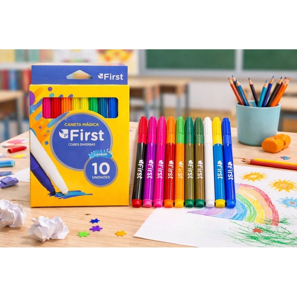 Conjunto 10 Canetinhas Hidrográficas Laváveis Coloridas Escolares