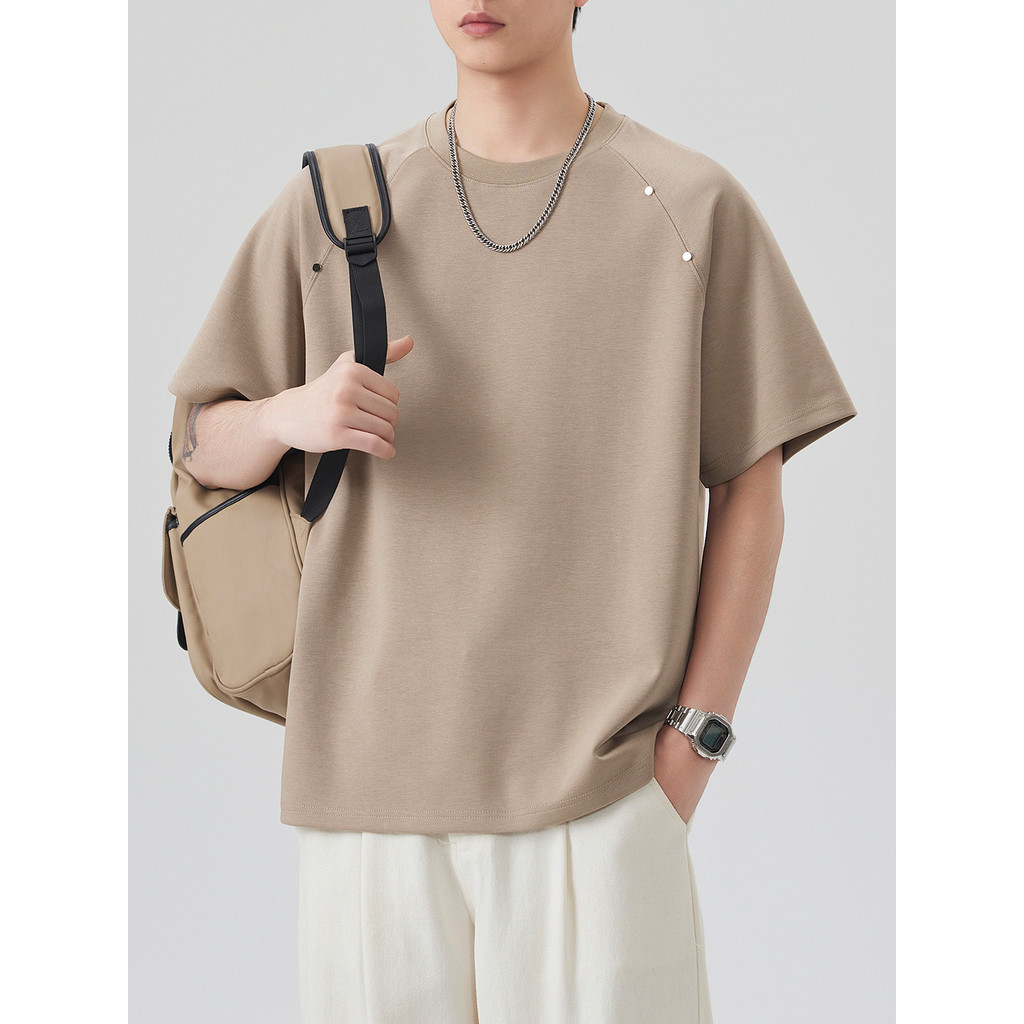 Modal gelo seda manga curta camiseta masculina verão estilo fino rebites costura solta Casual gelo seda algodão metade @