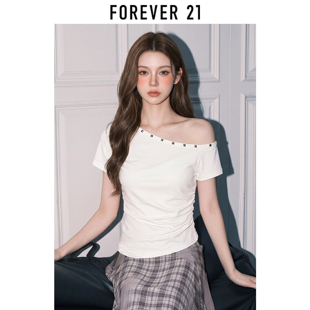 Forever 21 branco americano estilo menina quente ombro inclinado manga curta camiseta feminina verão rebites finos fino