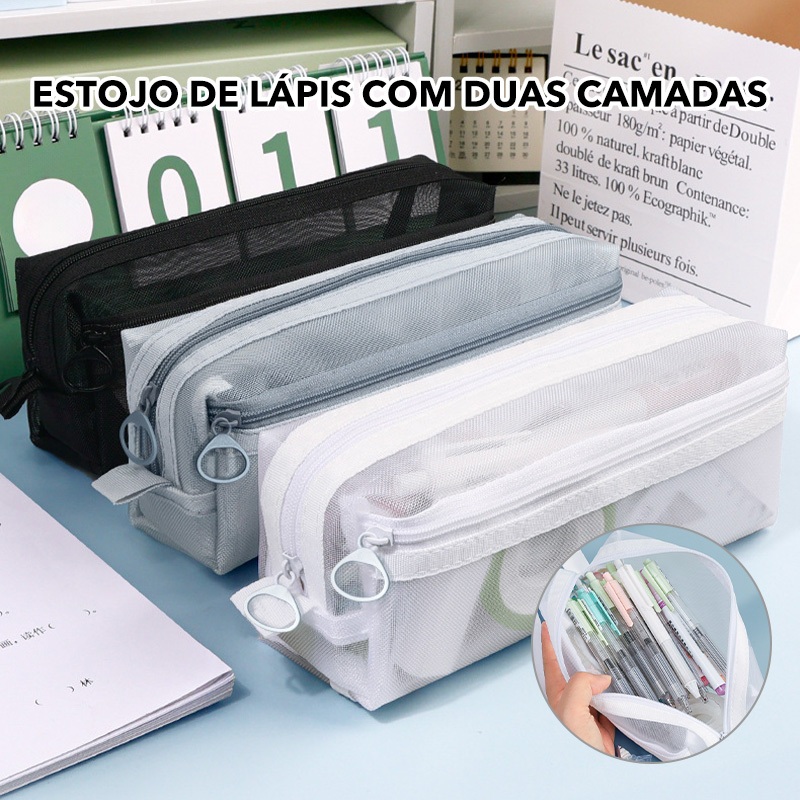 Bolsa Transparente Dupla Lápis e Canetas Malha Grande Estojo Organizador