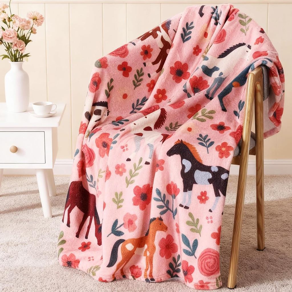 Horse Blanket for Girls Women Pink Flowers Floral Flannel Throw 40 x 50 Inch Pink Soft Thick Fleece Cute Horse Blanket f