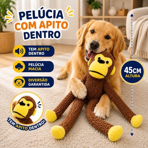 Brinquedo Pelucia Macaco Interativo Apito Sonoro Pet 45cm Diversao Estimulo
