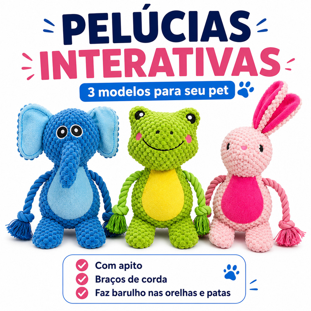 Brinquedo Interativo para Cachorro Pelúcia com Apito Material Sonoro e Corda Pet Resistente