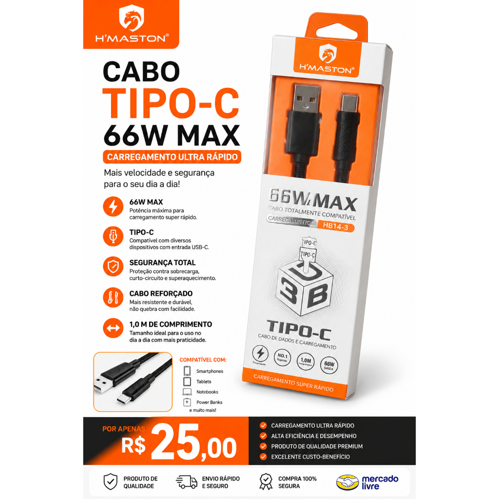 Cabo Tipo-C H'Maston 66W Max – 1 Metro  Tenha mais praticidade e velocidade no carregamento dos seus dispositivos. O cab