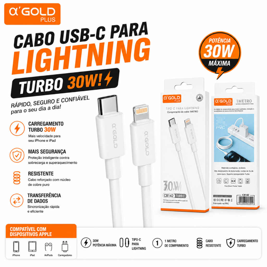 Cabo Carregador  turbo e Dados A'GOLD Tipo-C para Lighting 30W CB142 1 metro