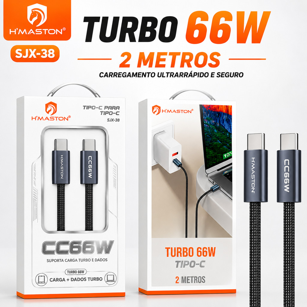 Carregador Cabo de Dados Turbo 66W com 2 Metros Tipo-C para Tipo-C e Lightning Carga rápida H'maston