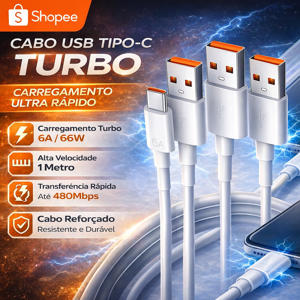 Cabo USB Tipo C Turbo 6A 66W 1 Metro Carregamento Rápido
