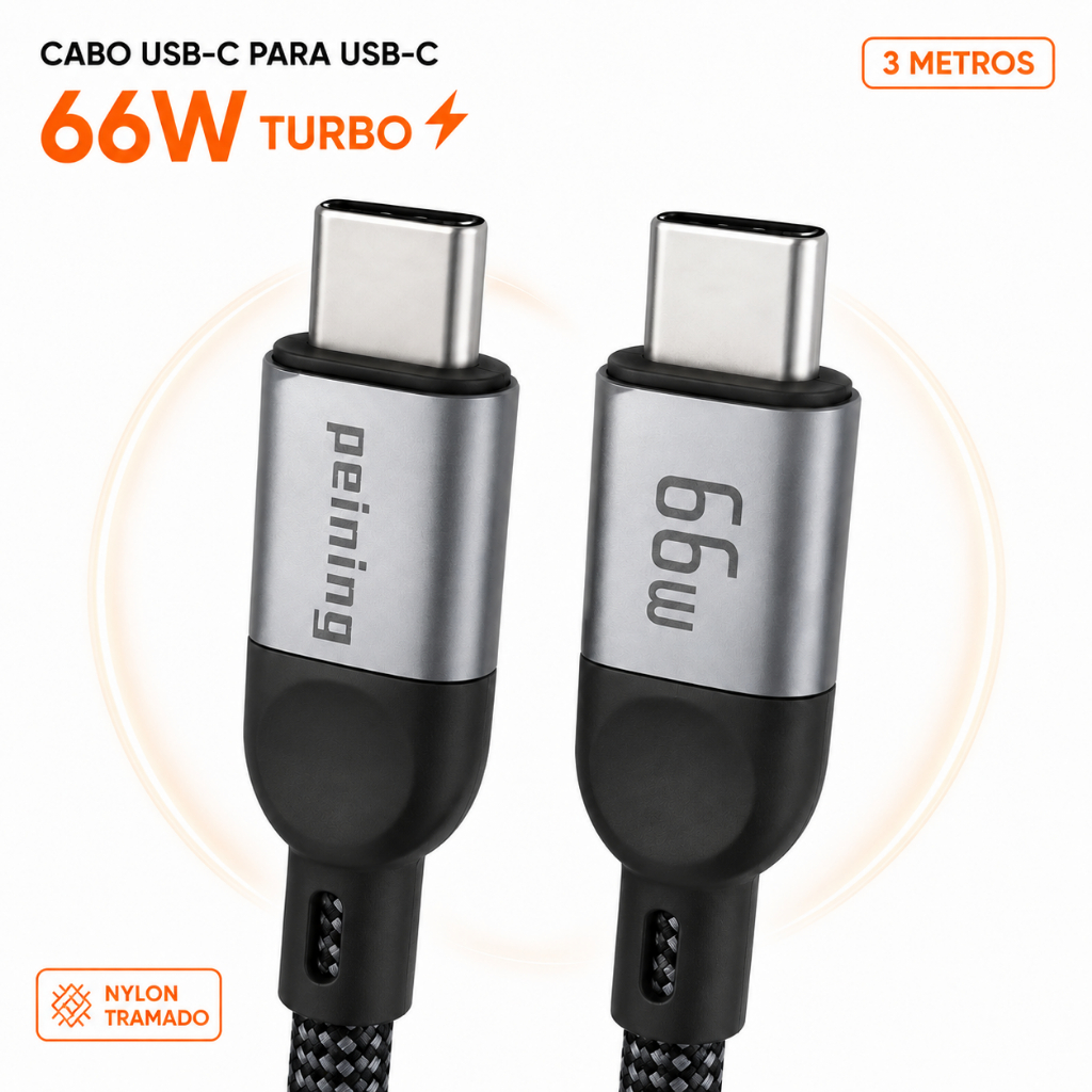 Cabo Tipo-C para Tipo-C 66W Turbo 3 Metros Nylon Reforçado Peining para iPhone 15 e Notebook