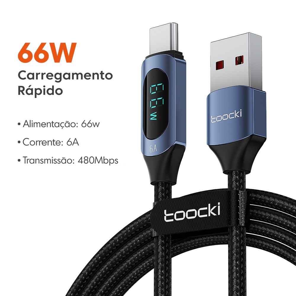 Cabo Tipo C, 2 metros, 66w, Display LED, Carregamento Rápido, Cabo Forte e resistente da marca Toocki