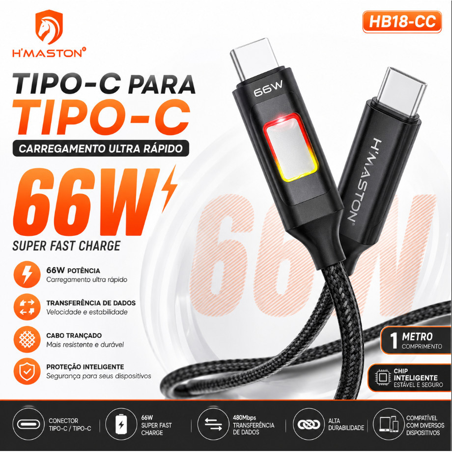 Cabo USB Tipo C Para Tipo C 66W Carregamento Rápido 1 Metro H'Maston HB18-CC
