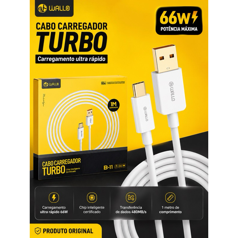Cabo Carregador Turbo Wallo 66W Original – USB Tipo C | 1 Metro ⚡
