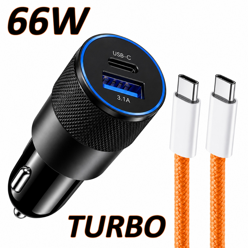 Kit Carregador Veicular 66W USB C USB + Cabo Tipo C 240W 1 Metro