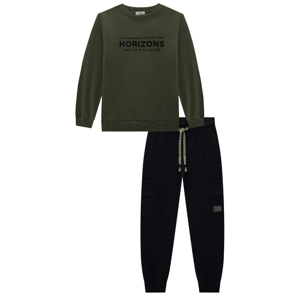 Conjunto Menino Infantil Blusão Manga Longa e Calça Jogger em Moletom Pelúcia VERDE/ PRETO -LucBoo