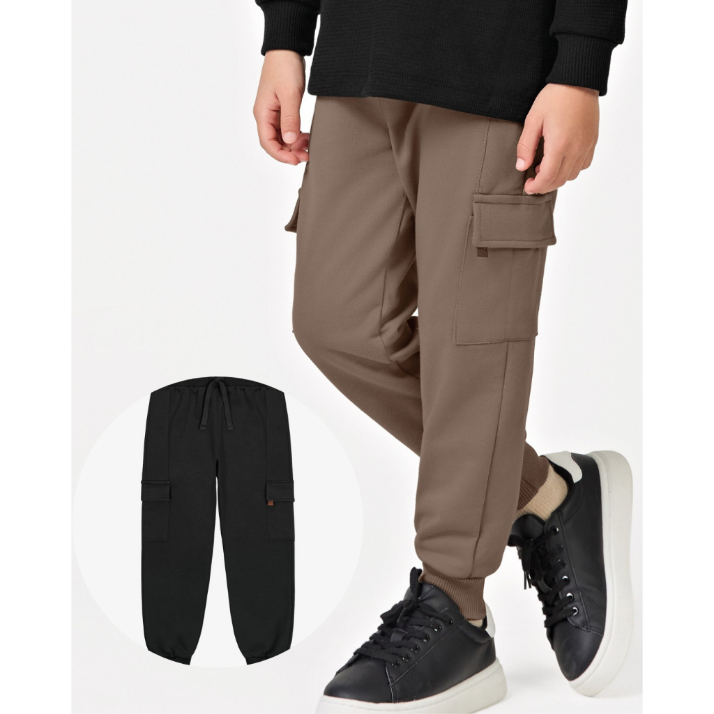 CALÇA INFANTIL CARGO JOGGER COM PUNHO MASCULINO MOLETOM FELPA TRICK NICK PRETO OU MARROM