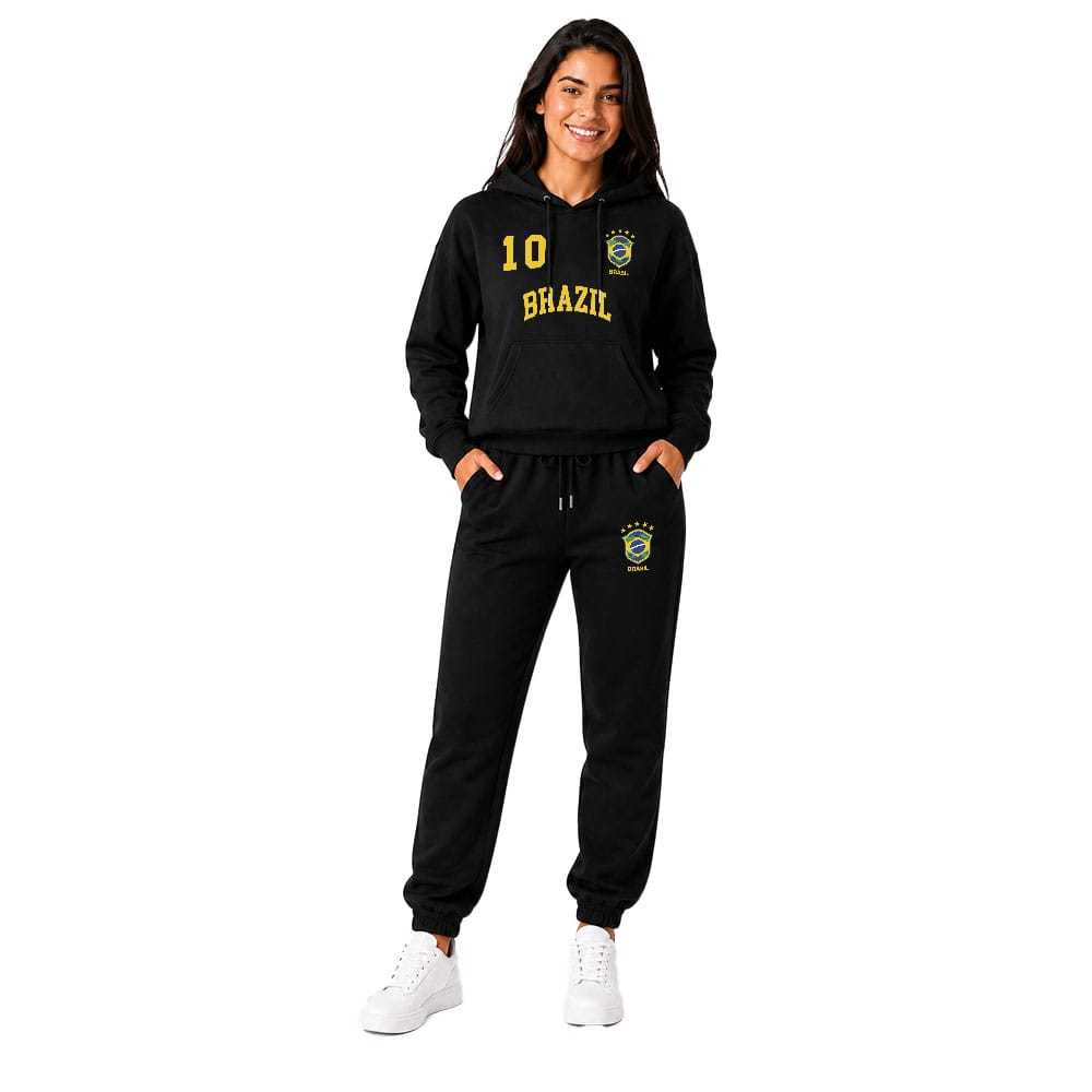 Conjunto Moletom Feminino Brasil Preto Canguru Com Capuz Calça Jogger Inverno