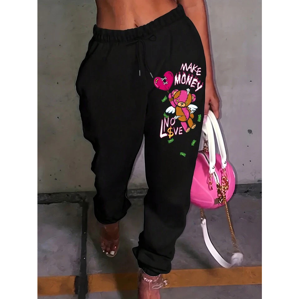 Calça Moletom  Flanelado Urso Bear Floral Black Money Algodão