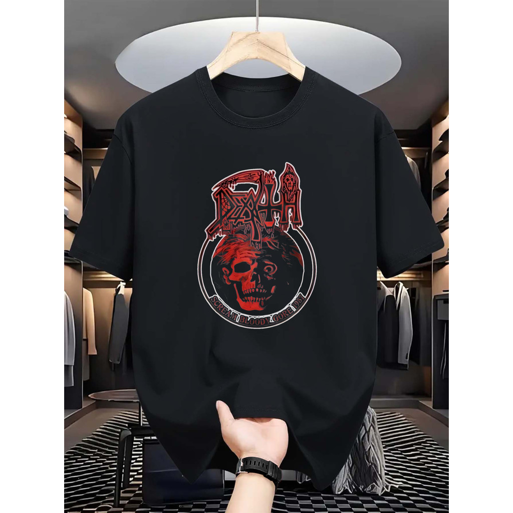 Camiseta Masculina Death Scream Skull Red Face Design Gothic Lettering Metal Confortável Moderna Estilosa Casual