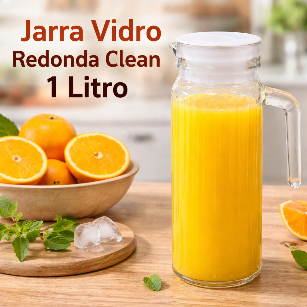 Jarra Vidro Redonda Clean/ Frigo 1 Litro Água Suco Bebidas Não pega cheiro alça ergonomica