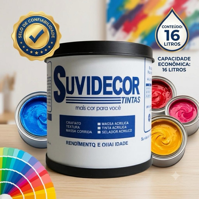 Tinta acrílica 16 litros Suvidecor, Cores vibrantes, uso interno, •Ótima cobertura •Sem cheiro •Anti-mofo. (barrica).