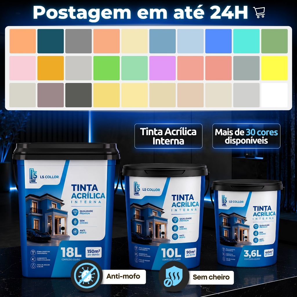 Tinta acrílica parede interna 18 10 3,6 litros LS COLLOR - Sem cheiro e com Antimofo Maior Rendimento - Alta cobertura
