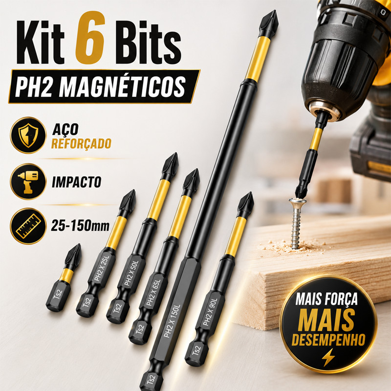 Kit 6 Phillips PH2 Magnetic Anti-Impact Bits 25-150mm S2 Steel Non-Slip 1/4