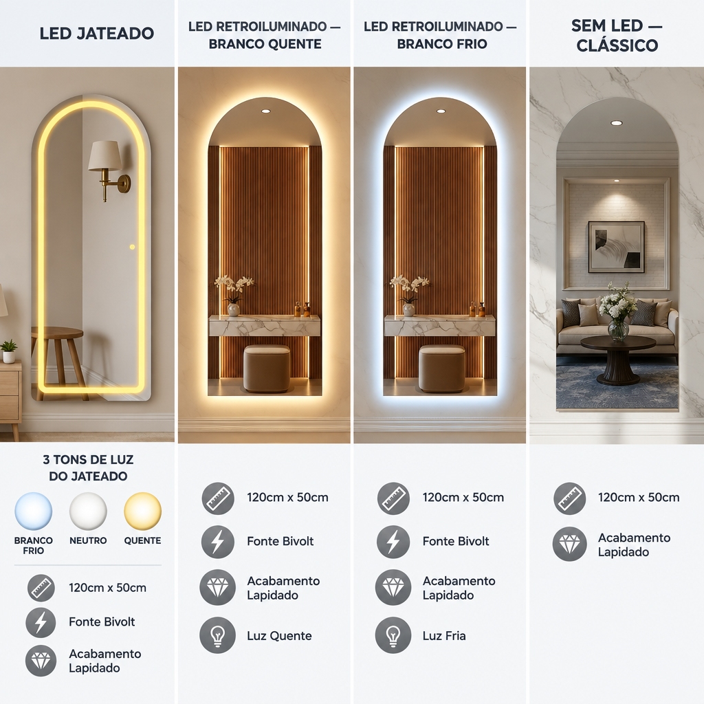 Espelho Oval Madri 120cm x 50cm Lapidado Luxo Para Decoração Quarto Sala Academia Hall de Entrada