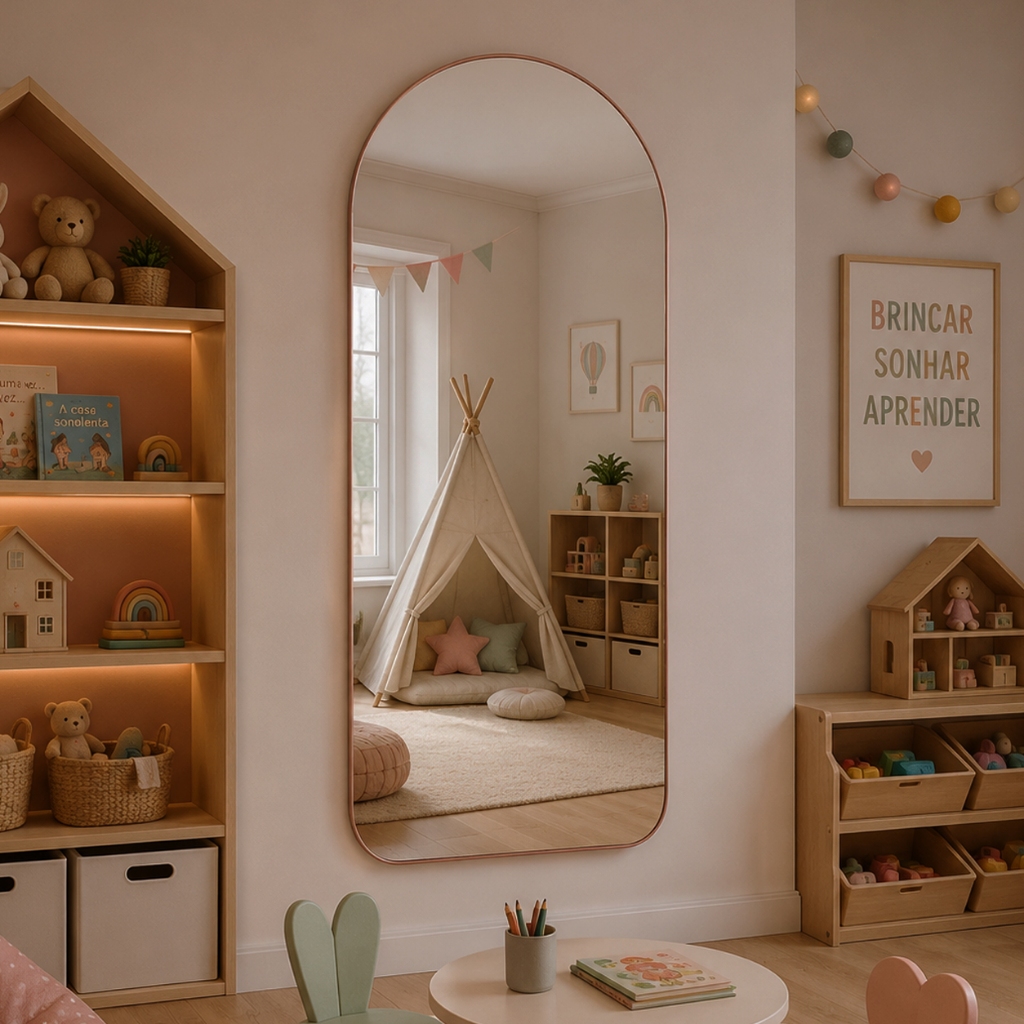 Espelho Base Reta Oval Madri Para Quarto Infantil Feminino Moldura de Couro 120cm x 50cm