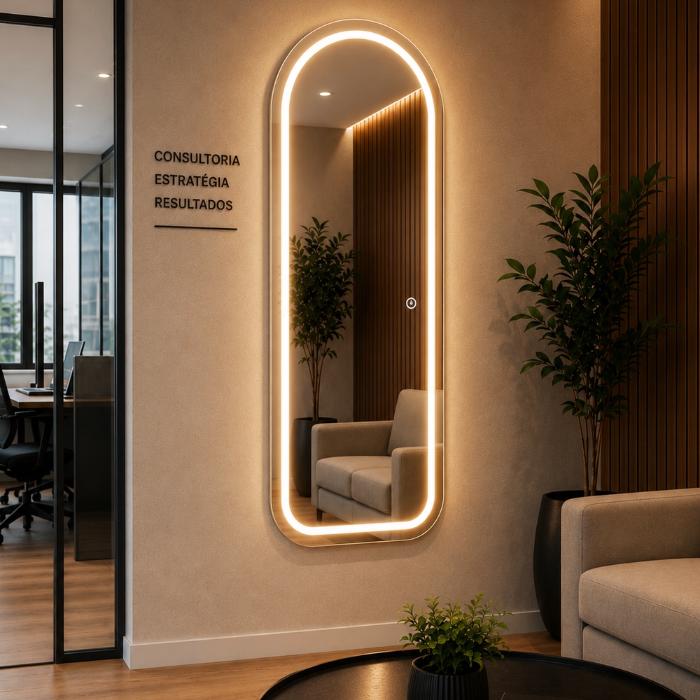 Espelho Corpo inteiro Oval Madri Jateado Led 120cm x 50cm Led Branca e Amarela Quarto Salão Loja
