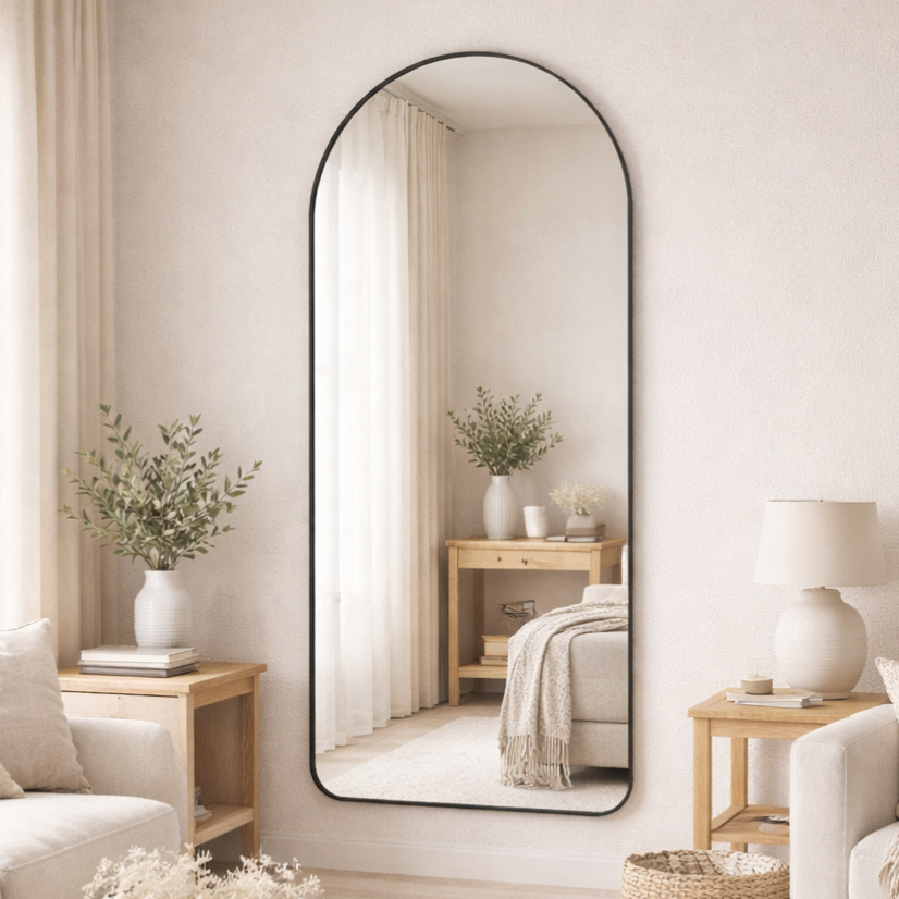 Espelho Corpo Inteiro Oval 120x50cm Base Reta com Moldura de Couro Ecológico Madri