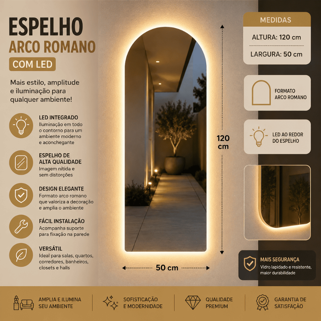 Espelho corpo inteiro Oval Madri Led 120cm x 50cm - BRANCO QUENTE